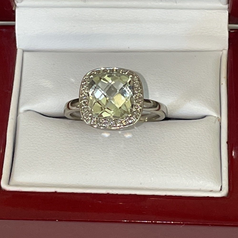 Dazzling White Gold Pale Green Prasiolite And Diamond Halo Ring